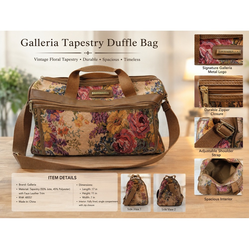 Galleria Floral Tapestry Duffel Bag Vintage‎ Weekend Travel Carryon Brown Pink